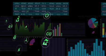 Displaying dark analytics UI on-screen showing table, area chart, bars, pie chart and CO2 icons. Dashboard, data, metrics, insights, energy, emissions, financeの写真素材
