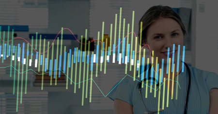 Smiling nurse in light blue scrubs monitoring data overlay at clinic, with stethoscope, copy space....