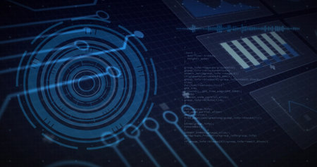 Displaying large circular holographic HUD glowing on virtual dashboard, showing code and bar chart. Hologram, futuristic, interface, data, visualization, panels, gridの写真素材