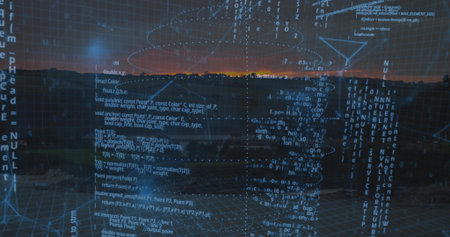 Projecting hologram data overlay spanning dusk horizon, with code blocks, wireframe grid, nodes....