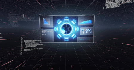 Floating holographic control panel rotating in dark 3D grid, showing blue hub and info panels. Interface, dashboard, analytics, neon, wireframe, futuristic, cyberneticの写真素材