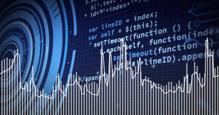 Displaying white vertical bars and jagged waveform with radar on dark blue grid and code. Dataviz,...