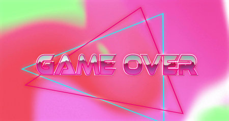 Glowing centered GAME OVER text filling synthwave art, showing neon triangles, chrome glow, shadow....