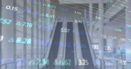 Ascending pair of escalators rising in modern airport terminal atrium, with financial overlay. Glass, steel, minimalist, futuristic, analytics, concourse, lobbyの写真素材
