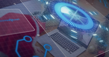 Typing three women in red-sleeved and gray-sleeved tops at home desk with open laptop overlay. Holographic, hud, interface, collaboration, multigenerational, workspace, officeの写真素材