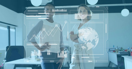 Presenting two coworkers wearing dark suit and light belted coat in office, showing hologram UI. Data, analysis, collaboration, teamwork, modern, minimalist, workspaceの写真素材