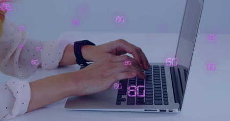 Typing hands wearing white dotted blouse on white desk using silver laptop watch purple 80 overlays. Keyboard, office, workspace, minimalism, modern, visualization, augmentedの写真素材