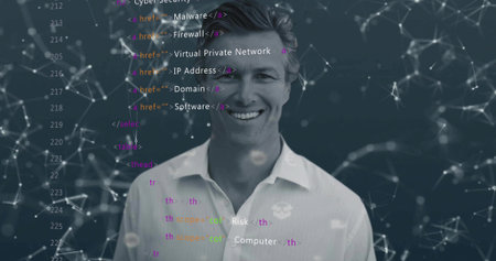 Smiling tech pro wearing white-collared shirt in studio, showing code overlay and nodes. Executive, cybersecurity, network, data, visualization, technology, portraitの写真素材