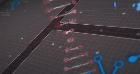 Scanning diagonal red node chain across dark grid UI, showing thin filaments and blue nodes. Circuit, interface, visualization, neon, connectors, panel, futuristicの写真素材