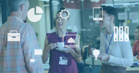 Man picking up tablet, swiping animating map, colleague pointing tapping collaborating on analyticsの写真素材