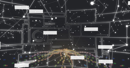 Displaying holographic network visualization on dark console, showing floating UI panels, nodes....