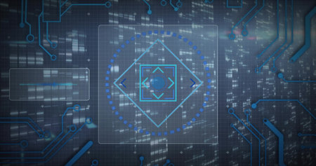 Showing central holographic reticle rotating on HUD, with circuit traces and progress ring. Interface, display, futuristic, neon, cyber, digital, visualizationの写真素材