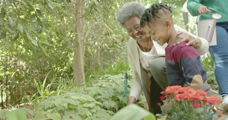 Crouching senior woman and child examining planted bed in backyard, red flowers and watering can. Garden, family, multigenerational, grandparent, grandchild, bonding, nurtureの写真素材