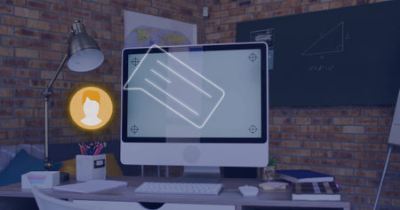 Displaying white all-in-one monitor showing neon icons on brick desk, with keyboard, lamp, board. Workspace, modern, industrial, glowing, map, chalkboardの写真素材