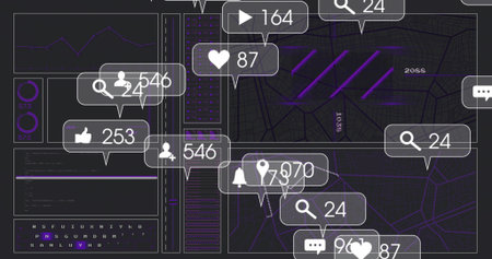 Displaying central notification bubbles over dashboard with heart, thumbs-up, map tiles, counters....