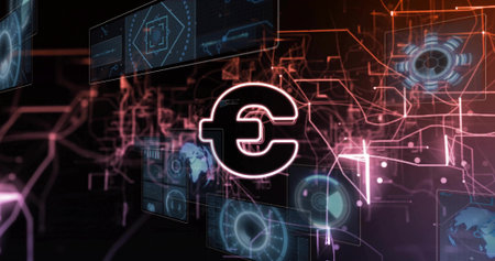 Glowing euro symbol pulsing in virtual fintech network, showing holographic UI panels and HUDs. Neon, cyberspace, futuristic, interface, currency, finance, dataの写真素材
