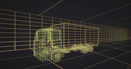 Displaying wireframe box truck occupying 3D studio, with neon green lines and orange grid. Render, modeling, perspective, depth, geometry, digital, futuristicの写真素材