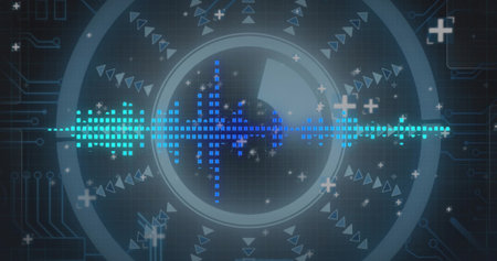 Displaying pixelated waveform with HUD rings on screen, showing grid, circuit lines and particles....