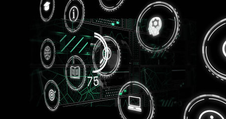 Displaying virtual dashboard showing circular HUD icons and globe, laptop, gauge 75. Holographic,...