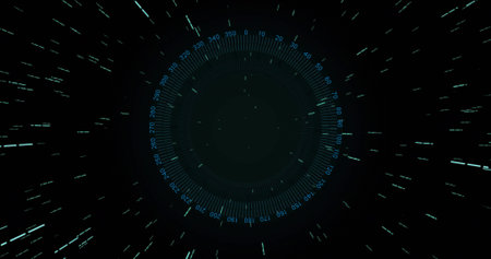 Displaying central HUD with concentric rings and degree ticks in virtual space, with motion streaks. Reticle, navigation, hyperspace, interface, telemetry, symmetry, futuristの写真素材