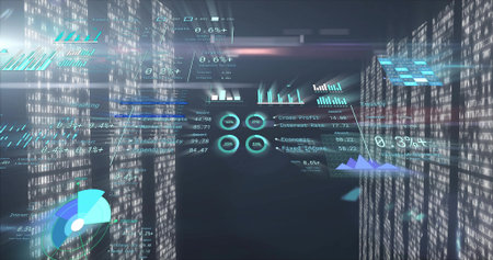 Floating hologram dashboard displaying charts and data in dim corridor, with rack hardware....