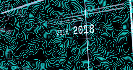 Showing turquoise contour lines across dark screen, with cyan guide line, lilac band, 2018 numerals....
