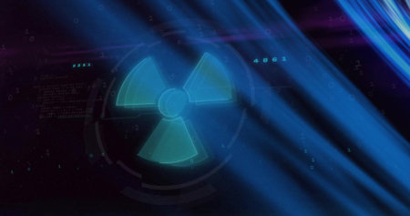 Pulsing glowing trefoil symbol orbiting amid HUD rings at digital interface, numeric overlays. Neon, futuristic, holographic, data, circles, cyberneticの写真素材