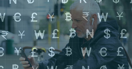 Checking smartphone senior man in jacket waiting on street, with copy space. Elderly, urban,...