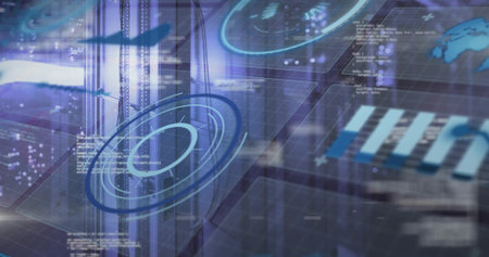 Displaying holographic circular HUD floating over data center, with concentric rings, grid overlay....
