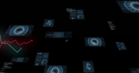 Floating blue HUD panels centering in virtual void, showing radial dials, map, red-cyan graph....