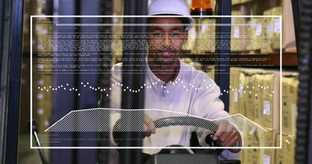 Interface launching and revealing mesh head while speech bubbles floating and scanning UI animatingの写真素材