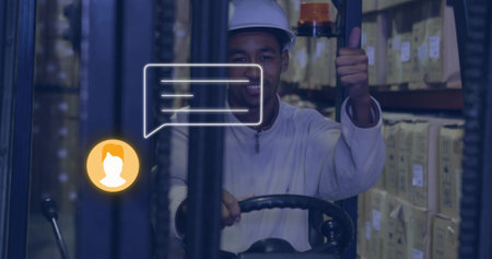 Giving thumbs-up forklift driver wearing white hardhat at controls in aisle with UI overlays....