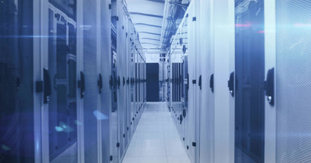 Leading central aisle drawing eye toward dark doorway in server room with server racks, LED lights....