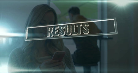 Holding woman in light sweater checking pink smartphone at cafe, with RESULTS graphic overlay. Interior, lounge, window, reflections, lensflare, device, casualの写真素材