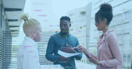 Discussing team in teal shirt pink blouse white shirt on office terrace, tablet papers code overlay. Professionals, colleagues, balcony, outdoor, urban, highrise, skylineの写真素材