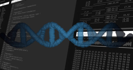 Displaying blue DNA helix across digital workspace featuring IDE hex dump waveform. Genome, cyber,...