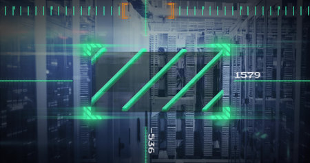 Projecting green HUD overlay over server racks inside data center, showing diagonal bars 1579 536. Neon, glow, cabinet, cable, led, blue, glassの写真素材