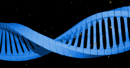 Arcing stylized blue double helix running in S-shape across studio backdrop, with gold stars. Serpentine, ribbon, dna, molecule, cerulean, render, 3dの写真素材