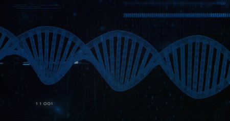 Displaying blue digital double helix graphic across dark scientific interface, with binary digits....