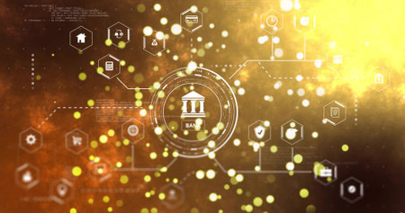 Tech grid scanning field initiating man adjusting stylus, swiping tablet screen and converging dataの写真素材