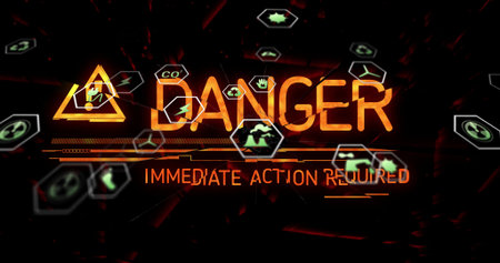 Displaying glowing DANGER with triangle icon on HUD, flashing IMMEDIATE ACTION REQUIRED, hex icons....