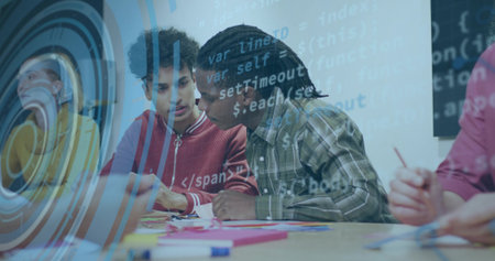 Reviewing two men at center wearing red and green, working documents at table with code overlay. Collaboration, teamwork, ideation, brainstorming, classroom, workspace, designの写真素材
