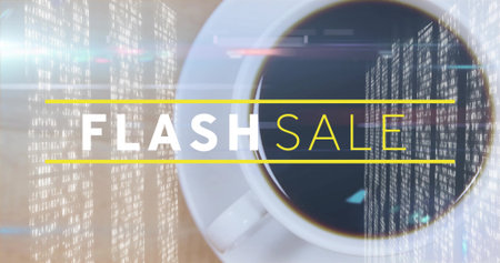 Displaying white cup filled with black coffee on light wood tabletop, with sale code overlay. Mug, porcelain, espresso, topdown, flatlayの写真素材