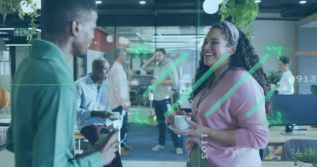 Talking woman in pink sweater and headband holding cup in open office, green overlay, copy space....