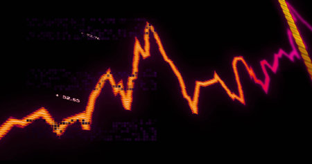 Showing neon jagged line moving across display with +52.85 label purple noise scanlines yellow cord....