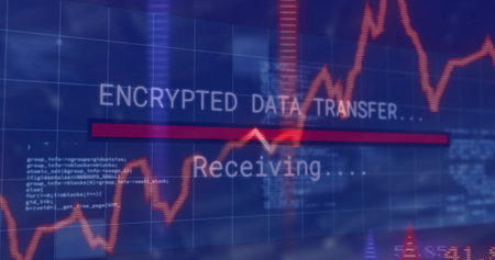 Displaying central progress showing ENCRYPTED DATA TRANSFER receiving on screen with red bar wave....