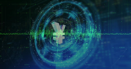 Rotating silver 3D yen yuan symbol in trading dashboard, with HUD rings green waveform numbers. Holographic, interface, datastreams, neon, grid, futuristic, readoutsの写真素材