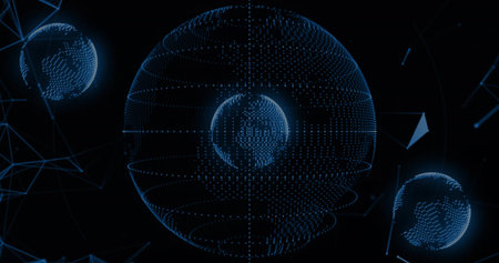 Displaying central dotted globe with inner sphere in virtual void, with two smaller globes and mesh. Wireframe, holographic, network, data, visualization, geometry, glowの写真素材