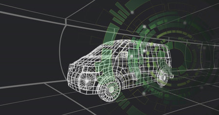 Rendering 3D wireframe van model in studio showing converging grid floor, neon segmented HUD rings. Vehicle, virtual, skeleton, overlay, circles, green, diagnosticの写真素材