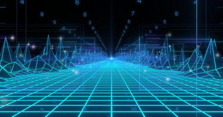 Glowing neon-cyan grid receding to horizon in digital void with wireframe peaks, numeric glyphs....